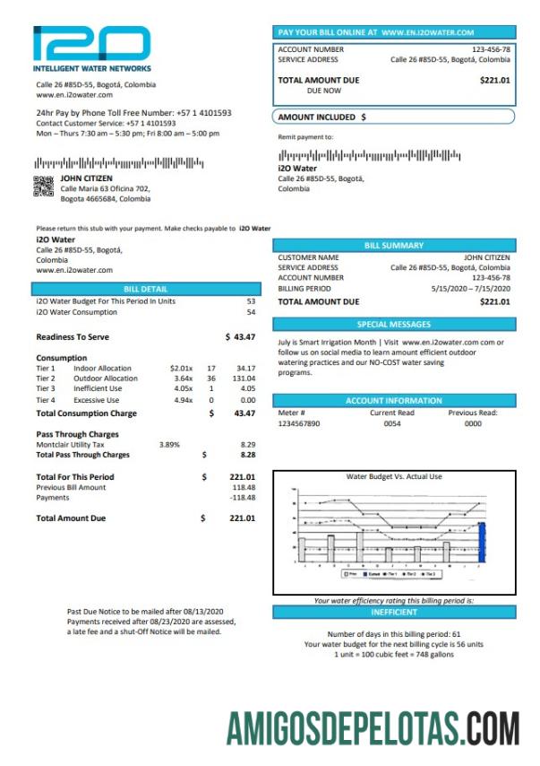 Conta de serviços públicos de água I2O da Colômbia modelo